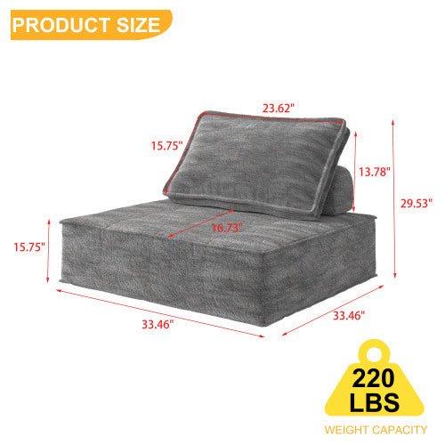 US Local Modern Modular Sectional Single Sofa Couch Single Square Sofa Modern Armless Floor Sofa Couch Accent Armless Chair With Removable Back Cushion For Living Room, Apartment  Gray  Upholstered