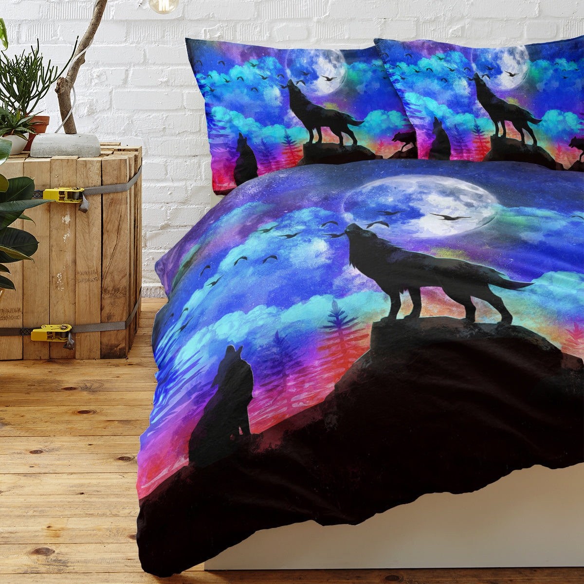 US & UK Local Moon Wolf Duvet Cover Set Single 3pcs Colorful Microfiber Kids Bedding Set