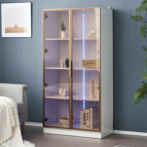 UK Local LED Display Cabinet, Clear Display Case For Figures, Storage Shelves With Tempered Glass Door, Storage Cabinet Floor Standing Transparent Showcase 160x80x40 Cm White