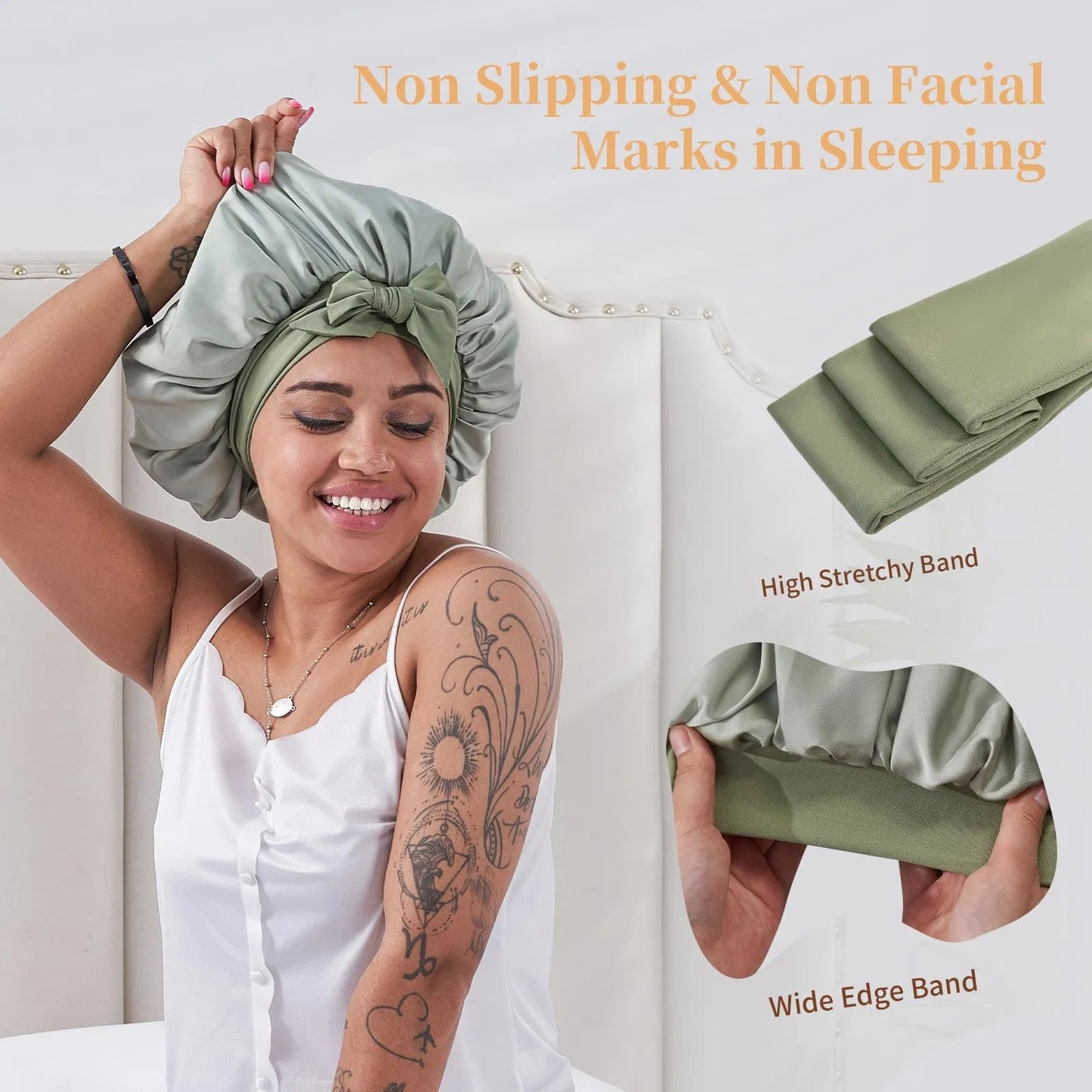 US Local Silk Bonnet For Sleeping Women, Satin Hair Bonnet For Sleeping For Wavy Curly Natural Hair Women Men - Green