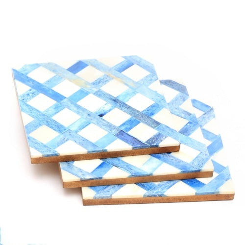 White Blue Dyed Bone Inlaid Square Coaster Set