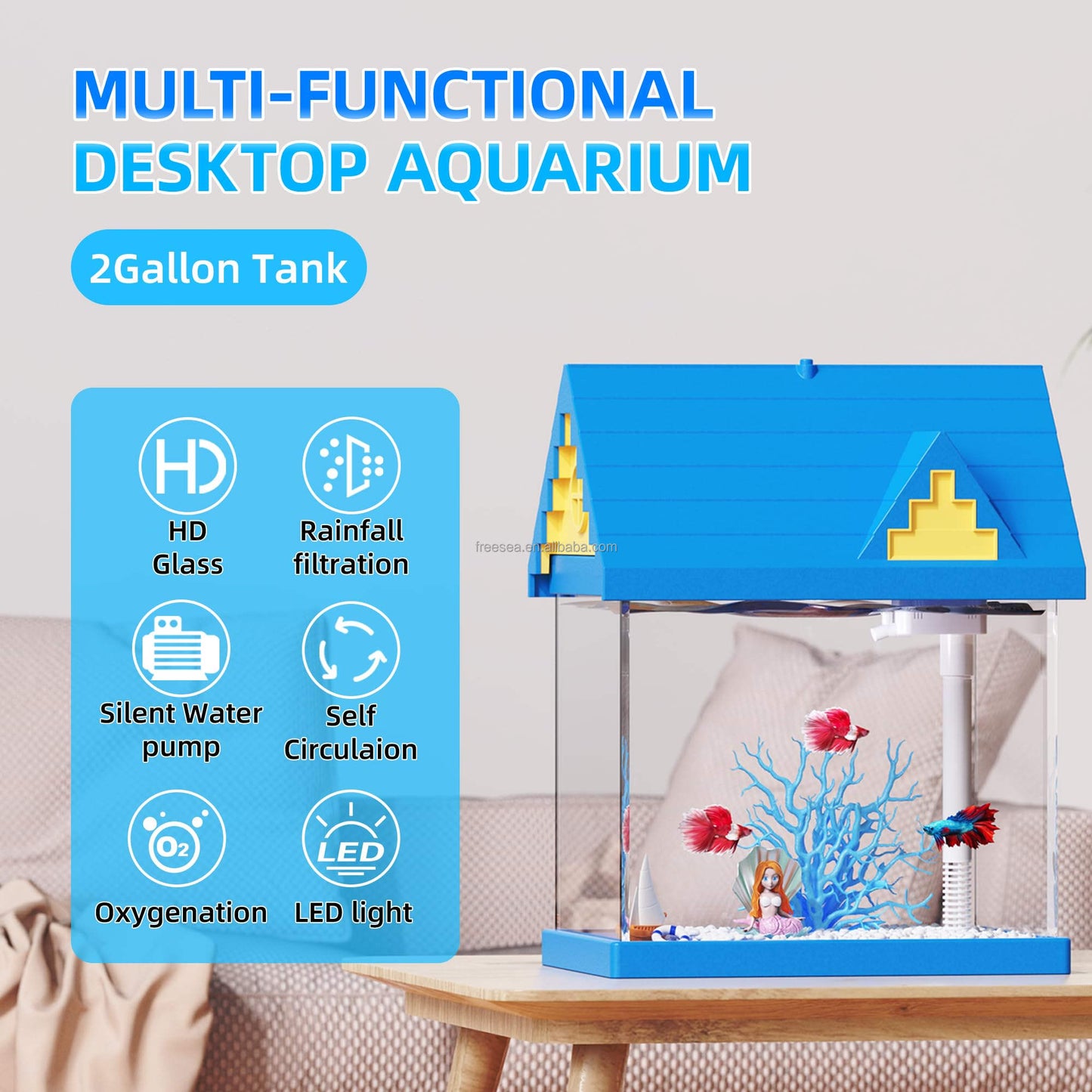 US Local FREESEA 2-gallon Acrylic Fresh-keeping Fish Tank, Equipped With Filtration And Lighting, Suitable For Shrimp, Jellyfish, And Goldfish, Ideal For Children's Bedrooms.