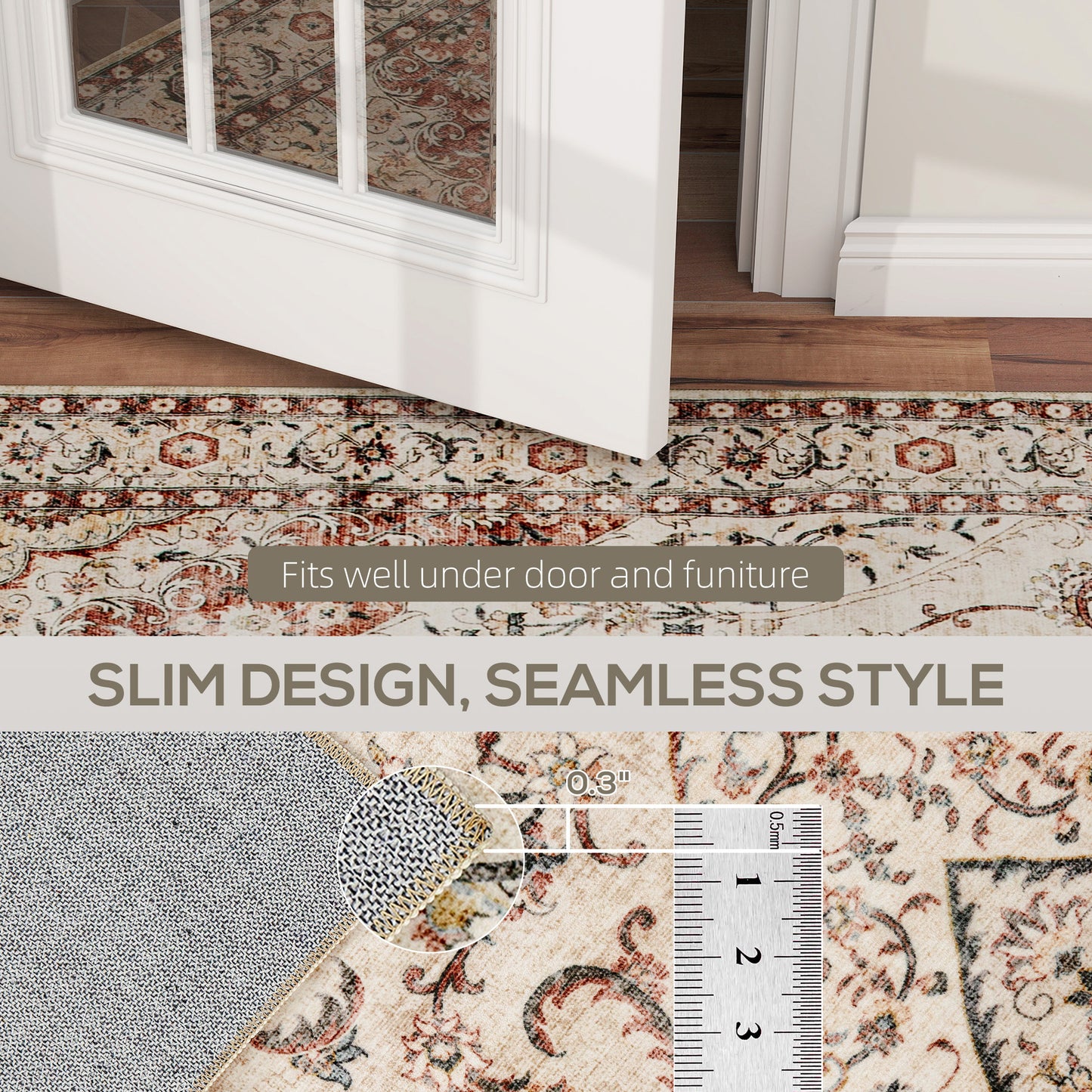 US Local Area Rug 8x10, Machine Washable Rug, Non-Slip Classical Floral Print Floor Carpet For Living Room, Bedroom, Mixed-Brown