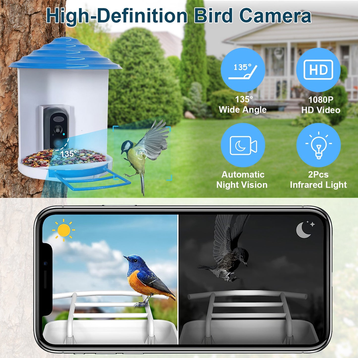 US Local Smart Bird Feeder With Solar Powered Camera 1080P HD AI Identify PIR Motion Auto Capture Video Cloud Card Storage WiFi Connection App Control IP65 Waterproof