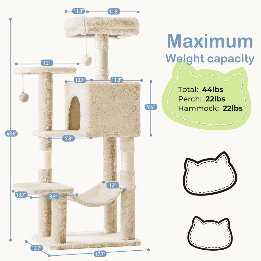 US Local 44 Inch Cat Tree Tower, Multi-Cat Climbing Tower With, Natural Sisal Scratching Posts, Extended Platform, Hammock
