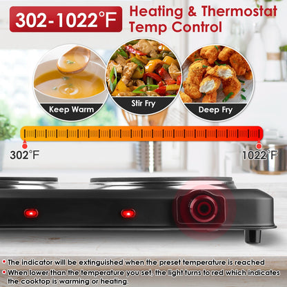 US Local 1Pc 2000W Electric Infrared Dual Burner Portable Heating Hot Plate Stove Countertop RV Hotplate With Glass Cooktop Stepless Temperature Adjustments For Home RV Camp