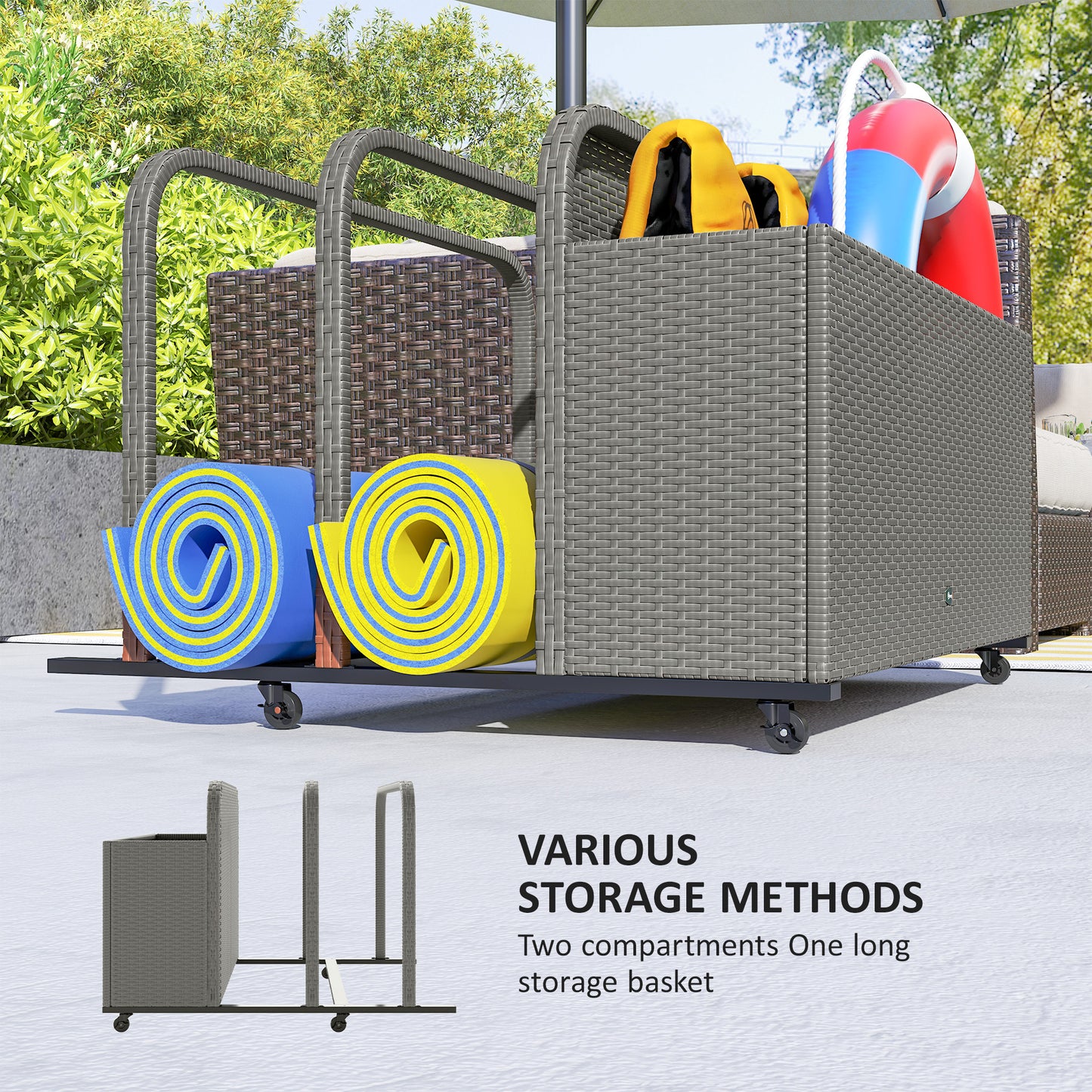 US Local Rattan Pool Float Storage Organizer With Wheels, Mixed Gray