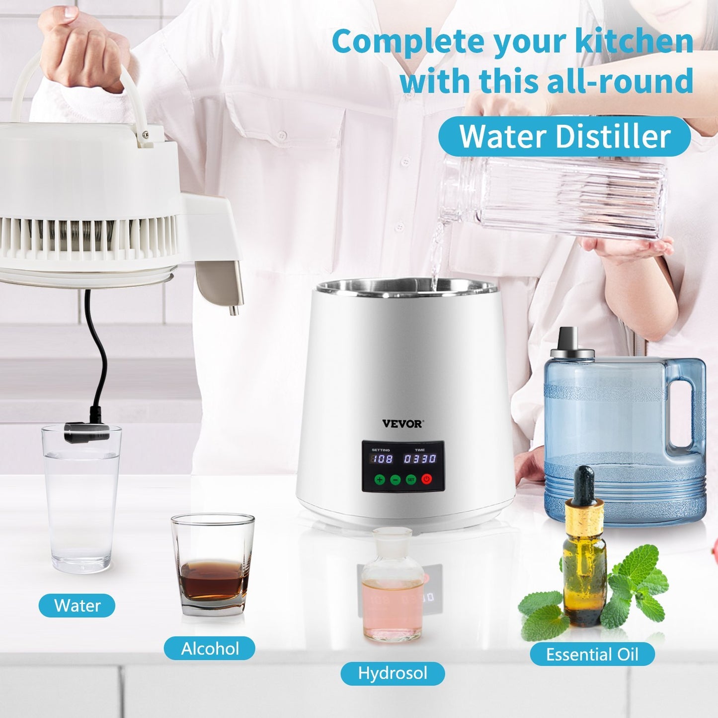 US Local 1.1Gal Water Distiller, 0.3Gal/H, 750W Distilled Water Maker Machine 0-99H Timing Set Temp Display, 304 Stainless Steel Countertop Distiller Plastic Carafe Cleaning Powder 3 Carbon Packs, White