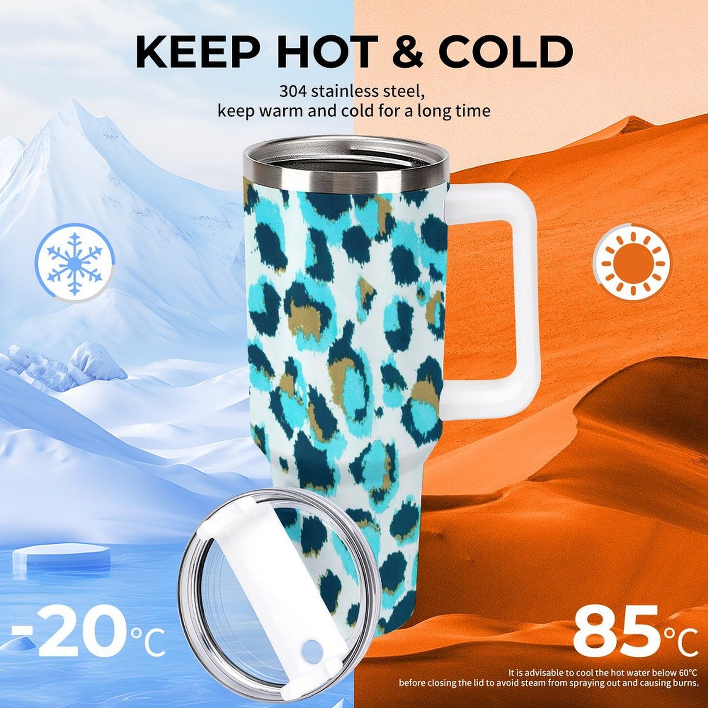 PHDT00417 POD US Local Tumbler 40 oz Large Capacity Car Cup Peacock Blue Leopard
