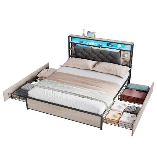 UK Local 4ft6 Double Bed With 4 Storage Drawers, Bed Frame With Concealed Headboard Storage, Button Tufted Headboard With LED Lighting And Charging Station, Vintage Rustic Wooden, Linen, Grey
