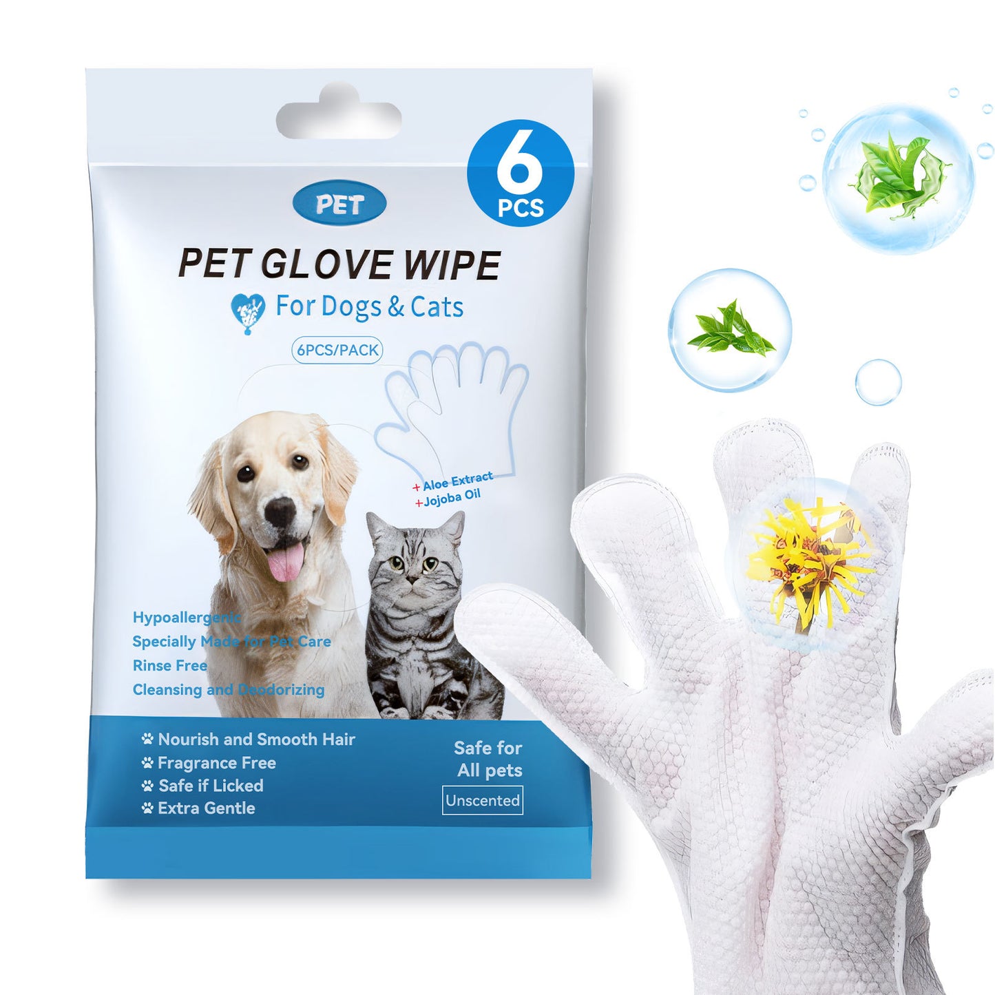 US Local Cleaning Wipes Gloves For Dog And Cat,Pet Bathing Wipes Cleaning & Deodorizing,Dog Wipes For Body Paws Butt Daily Care,Cat Grooming Wipes Cleaning Fur Traveling Rinse Free,6PCS-1PACK