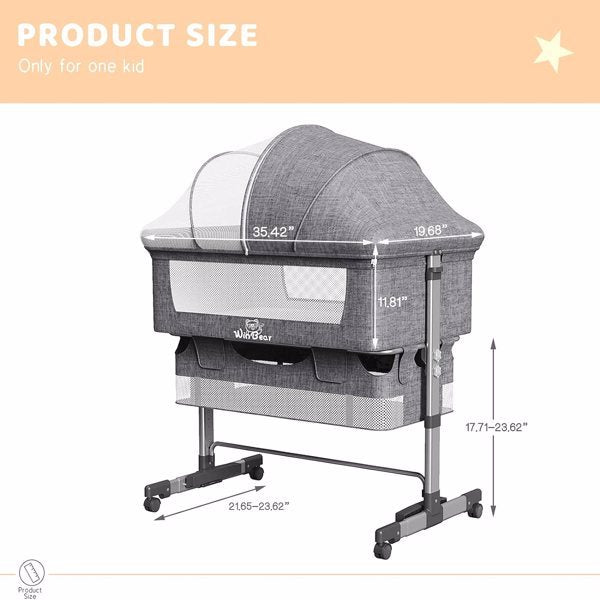US Local 3-in-1 Bedside Crib With Mosquito Net, Large Storage Bag, Comfortable Mattress With Lockable Wheels, Grey
