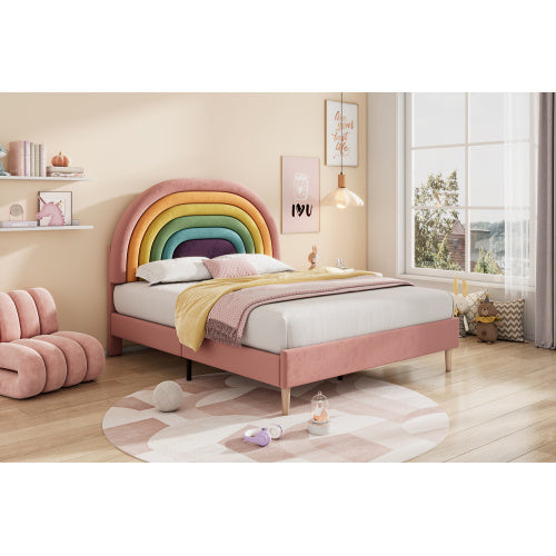UK Local Upholstered Bed 135x190, With Slatted Frame And Headboard, Youth Bed, For Adults & Teenagers, Wooden Slat Support, Easy Assembly, Height-adjustable Headboard, Velvet, Pink