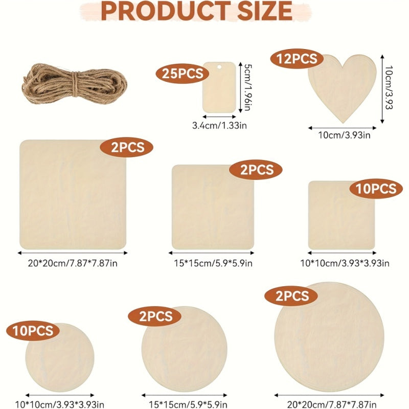 US Local 65 pcs Untreated Wood Board Set - Handmade Materials - Includes Hemp Rope - Mixed Round, Square, And Heart-Shaped Wood Pieces - Blank Decorative Signs - Suitable For Painting And Writing