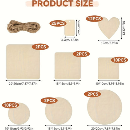 US Local 65 pcs Untreated Wood Board Set - Handmade Materials - Includes Hemp Rope - Mixed Round, Square, And Heart-Shaped Wood Pieces - Blank Decorative Signs - Suitable For Painting And Writing