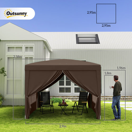 UK Local Outsunny 3 X 3 M Pop Up Gazebo, Wedding Party Canopy Tent Marquee With Carry Bag And Windows, Coffee