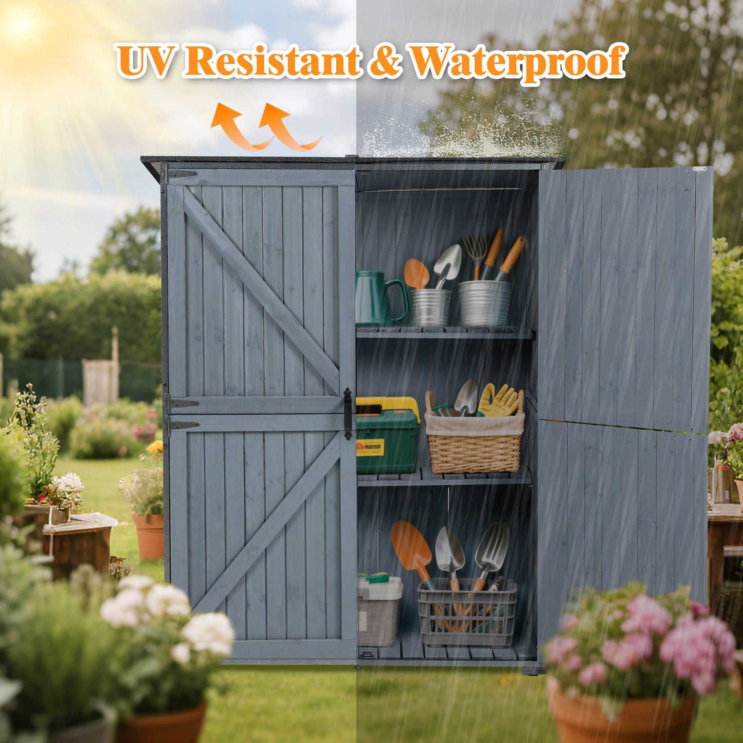 US Local The Storage Shed Is Made Of A Sturdy Metal Frame And Durable Fir Wood, Which Is Sturdy And Durable. The Entire Frame Is Weather-resistant, Making It An Ideal Choice For Your Outdoor Living Space. The