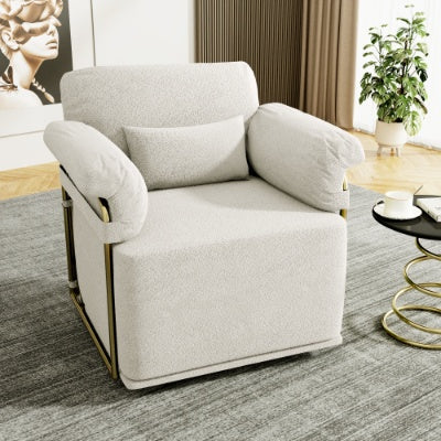 US Local 360 Degree Square Swivel Accent Sofa Chair,Fluffy Fabric Lounge Wide Upholstered Reading Chair With Gold Metal Legs, Comfortable Armchair For Living Room,Bedroom,Office