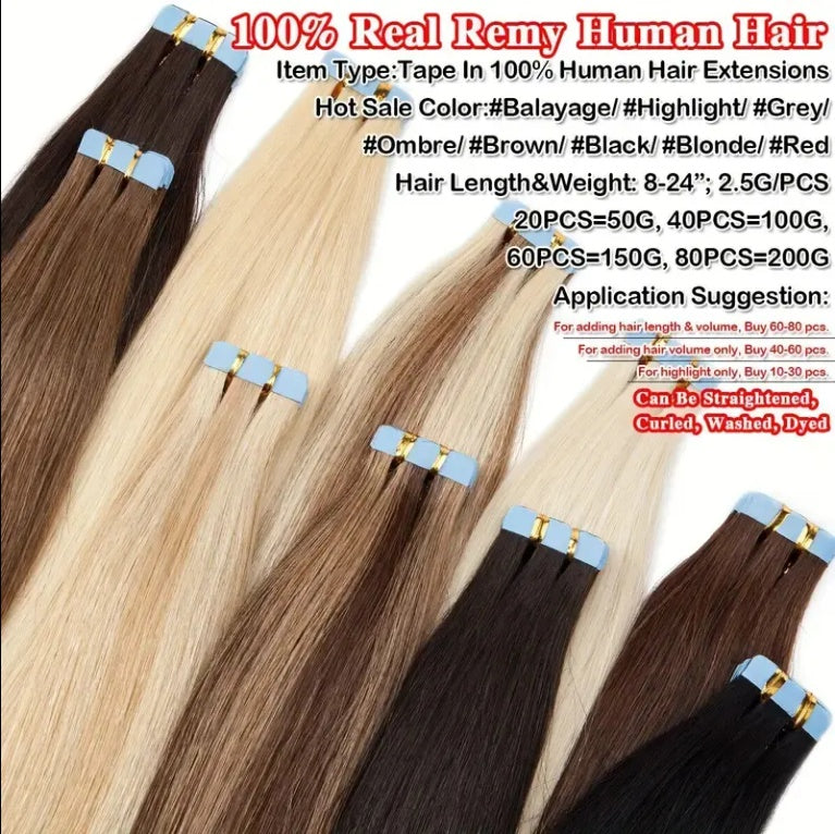 US Local 2 Hair Extension Tape Human Hair Virgin Remy Straight Tape Human Hair Extension 20 Pieces Of 50g Pack