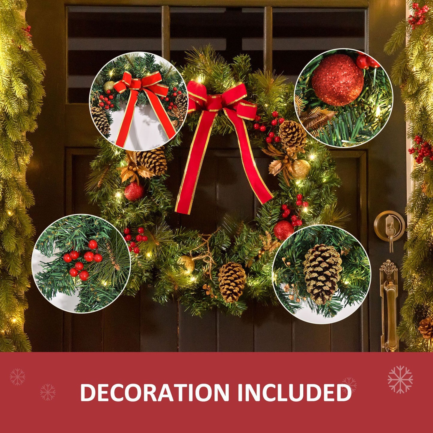 CA Local Christmas Wreath Pre-Lit Artificial Greenery Xmas Spruce Wreath Cones Red Berries 20 LED Lights Battery Operated