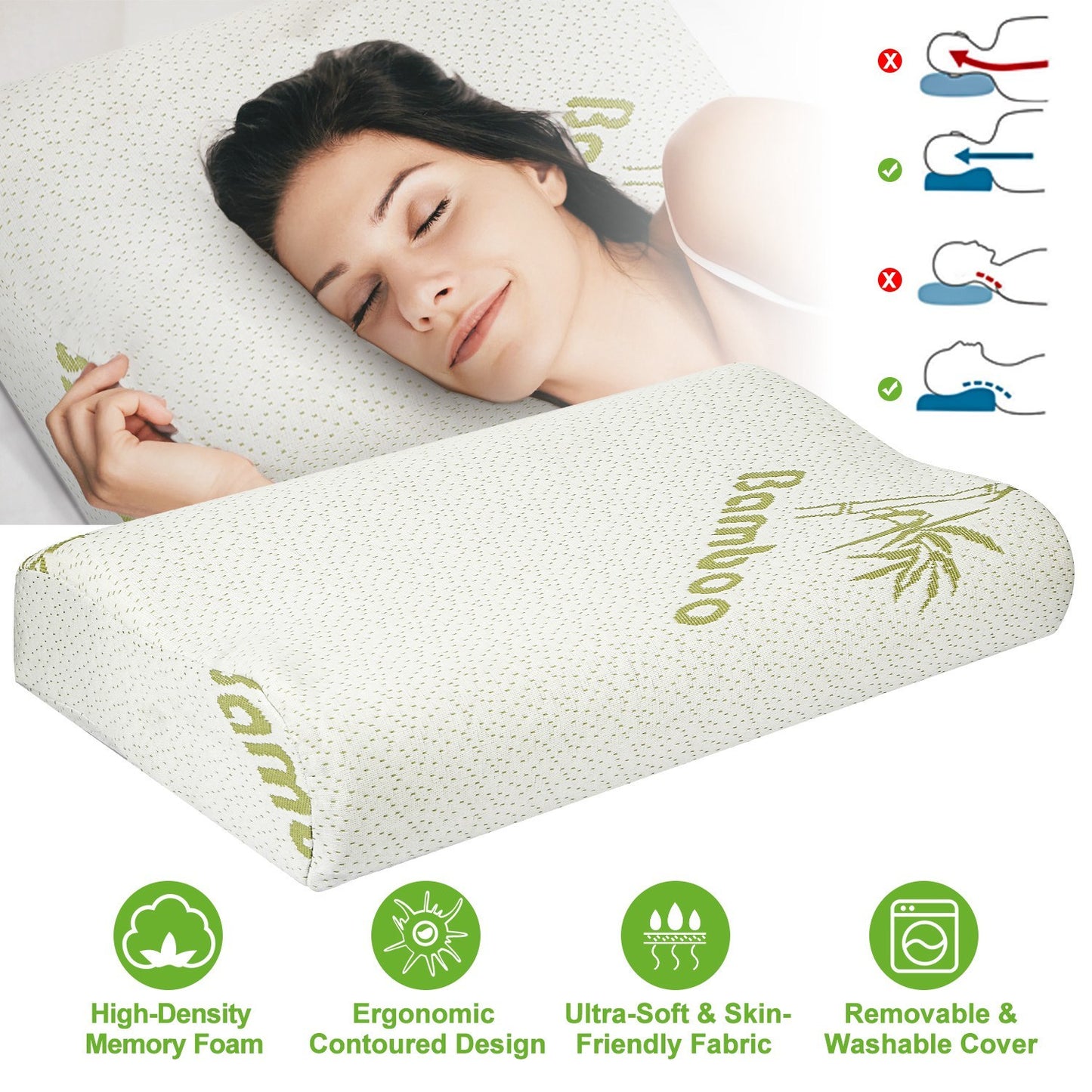 US Local S-L Size Options -- 1Pc Bamboo Memory Foam Sleep Pillow Contoured Cervical Orthopedic Pillow Neck Support Breath Pillow