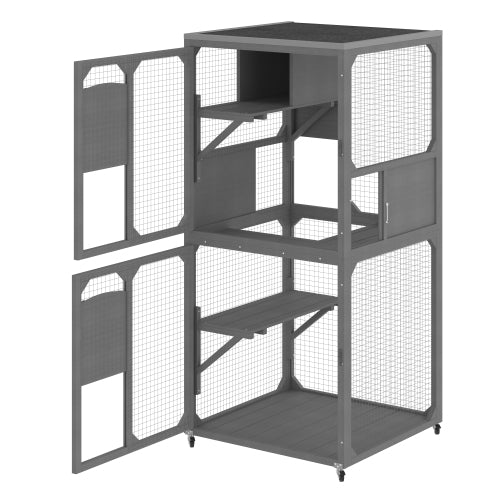 US Local Catio Outdoor Cat Enclosure Window Access, 4 Tiers Cat House With Wheels, Resting Box & Waterproof Roof, Indoor Large Cat House Cage, Gray