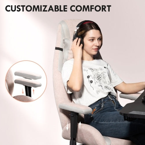UK Local HOMCOM Fabric Gaming Chair With Lumbar Support, Headrest - Pale Pink