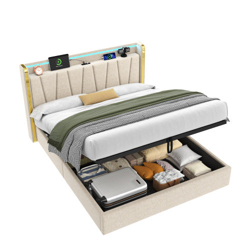 UK Local 4ft6 Double Upholstered Bed Frame With Hydraulic Storage, LED Headboard With Charging Station And Chrome Trim, USB And Type - C Ports, Linen, No Box Spring Needed, Beige