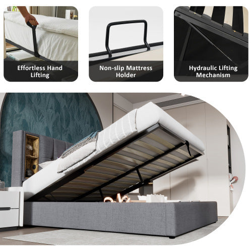 UK Local Upholstered Double Bed 135 X 190cm With Wireless Charging  USB Tyep-C, Hydraulic Storage Bed With Hydraulic Lever, Linen Fabric 4FT6 Double Bed Frame With Large Storage Space, Grey No Mattress