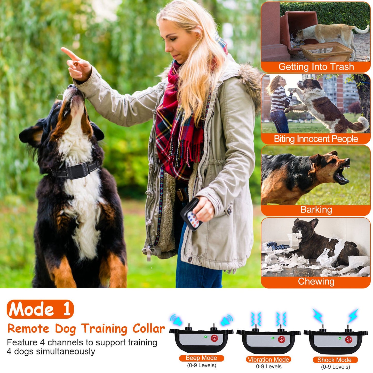 US Local 1Set 990FT Range Dog Wireless Fence Remote Training Collar IPX6 Waterproof Receiver With 0-9 Levels Beep Vibration Shock Mode 4 Channels Rechargeable Transmitter System