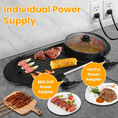 US Local 2200W  2 In 1 Electric Hot Pot With BBQ Grill Cooker Smokeless Non-Stick Korean BBQ Grill Shabu Shabu Hot Pot With Independent Temperature Control 5 Gears Firepower For 2-10 People