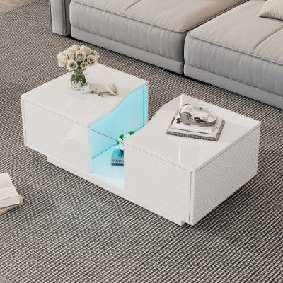 UK Local Led Coffee Table With 2 Drawer Storage, High Gloss Coffee Table For Living Room Unique Shape Centre Table With 16-Color Led Lights,End Table For Home Office Furniture, White