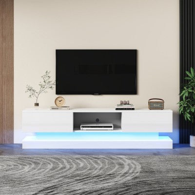 UK Local 160 Cm TV Stand With16 Colour RGB LED Lights, High Gloss Front TV Cabinet With 2 Drawers And 1 Open Storage Space, TV Unit For 70-79 Inch TV For Living Room, White
