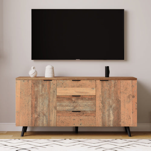 UK Local Sideboard Storage Cupboard Kitchen Buffet Sideboard TV Cabinet With Adjustable Shelves Dresser Vertical Cabinet Three Drawers For Living Room Dining Room Bedroom Vintage Brown 140cm