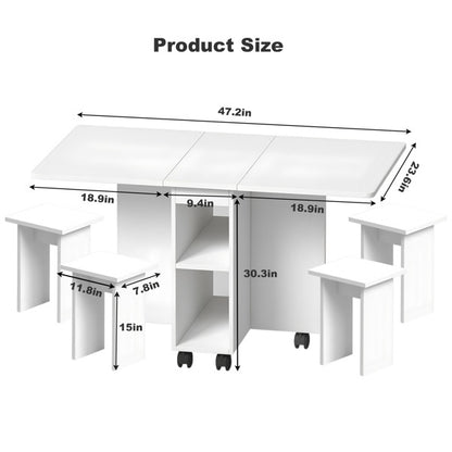 US Local Folding Drop Leaf Dining Table Set For 4 With 4 Chairs, Space Saving Foldable Dining Table With Storage And 6 Wheels, 47.2 Inch D X 23.6 Inch W X 30.3 Inch H, White