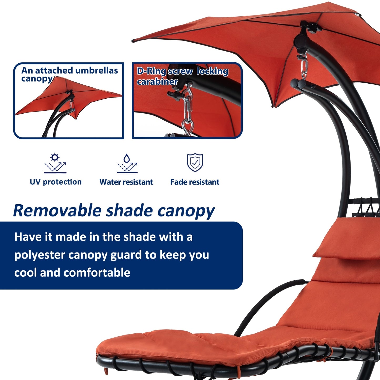 US Local Hanging Chaise Lounger With Removable Canopy, Outdoor Swing Chair With Built-in Pillow, Hanging Curv