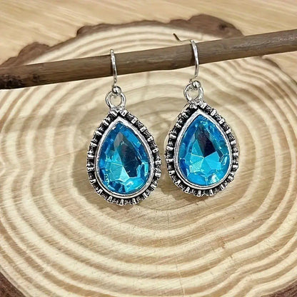 Retro Style Personalized Drop-shaped Blue Gem Inlaid Earrings
