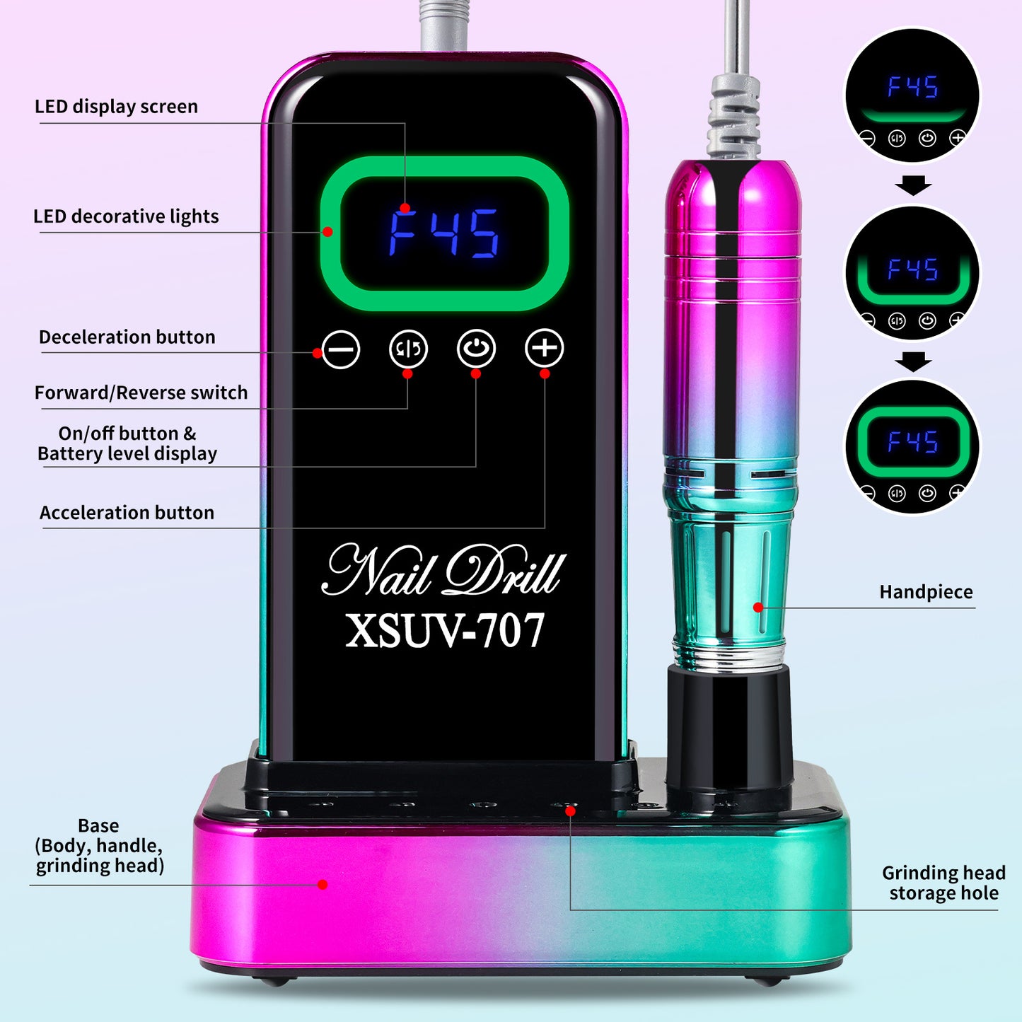 US Local Cordless Nail Drill 45000 RPM, Rechargeable Electric Nail File Kit For Acrylic Gel Polishing Removing, Nail Drill Kit With Bits & Base, Portable Nail E-File Machine For Manicure Pedicure Salon