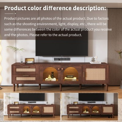 UK Local 180 Cm Brown TV Cabinet For 80-inch TV - With 2 Rattan Drawers, 2 Curved Glass Doors And 1 Rattan Door, LED Lighting, Offers Stylish Storage, TV Board