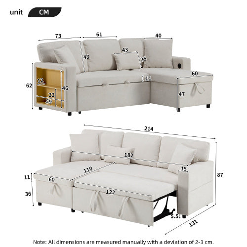 UK Local Corner Sofa Bed Corner Couch L-Shaped Sofa Bed Extendable, Bed Box And Integrated Shelf,