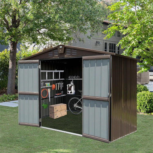 US Local Outdoor Storage Shed 10'x8', Metal Tool Sheds Storage House With Lockable Double Door,Large Bike Shed Waterproof For Garden,Backyard,Law Brown