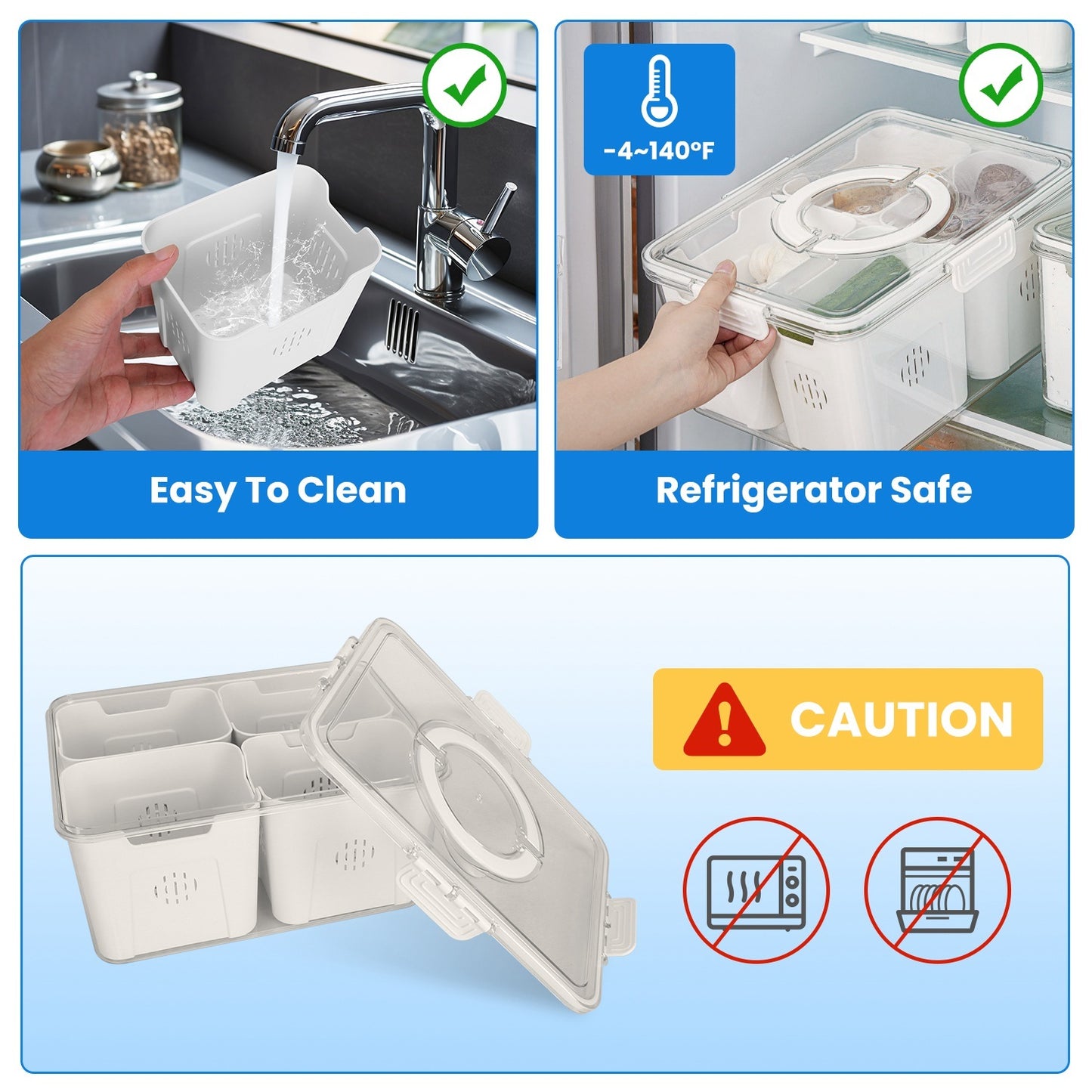 US Local 2Pack Airtight Fruit Storage Containers 4 Compartment Food Storage Containers Fruit Vegetable Organizers With 8 Removable Colanders For Fridge Picnic