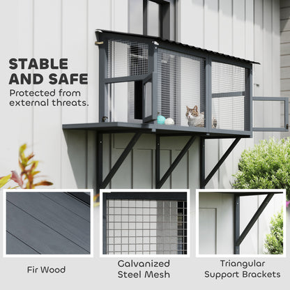 US Local Wooden Cat Catio, Outdoor Cat Enclosure Window Perch With Jumping Platform, For Safely Enjoying Outdoor Sights, Gray