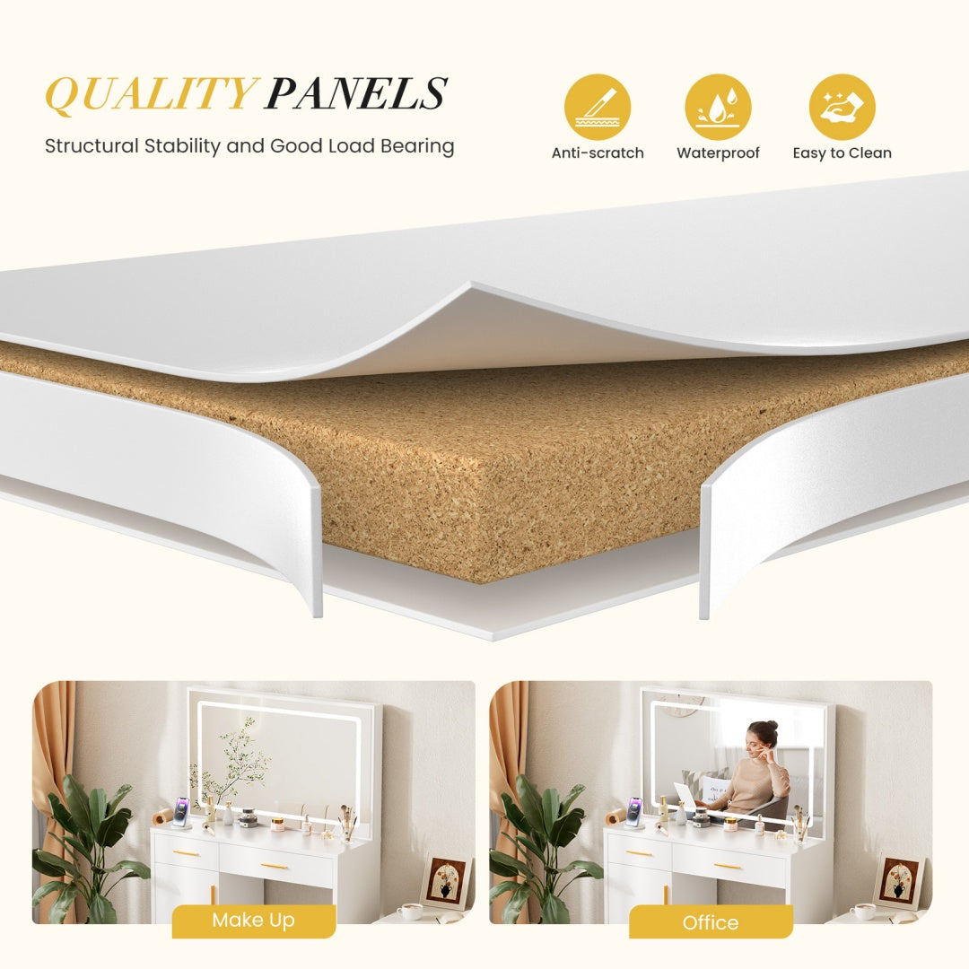 US Local Mirror And Lights, Makeup Vanity Table With Charging Station , 2 Drawers & Large Cabinet, 3 Lighting Color Adjustable, Dressing Table