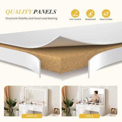 US Local Mirror And Lights, Makeup Vanity Table With Charging Station , 2 Drawers & Large Cabinet, 3 Lighting Color Adjustable, Dressing Table