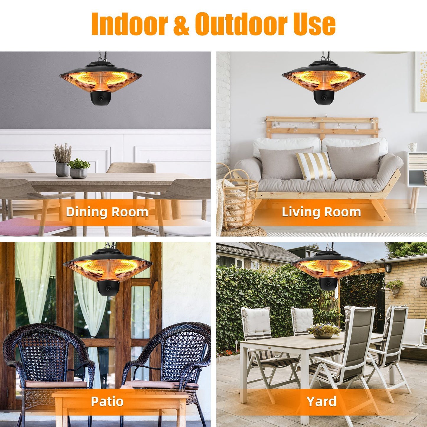 US Local 1500W Outdoor Patio Heater Electric Hanging Heated Ceiling Mounted Heating Lamp IP23 Waterproof With 3 Heating Levels 30Mins 60Mins Timer 2 Remote Control For Garage Balcony Courtyard