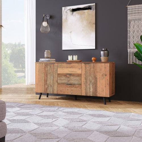 UK Local Sideboard Storage Cupboard Kitchen Buffet Sideboard TV Cabinet With Adjustable Shelves Dresser Vertical Cabinet Three Drawers For Living Room Dining Room Bedroom Vintage Brown 140cm