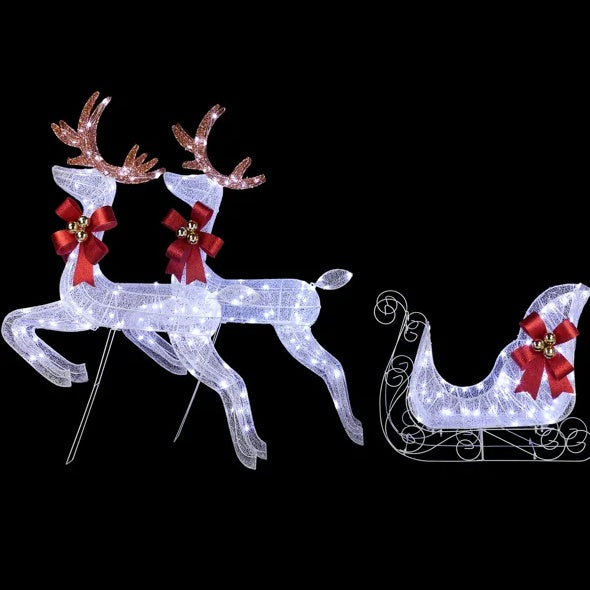 US Local 3-Piece Lighted Set Of 2 Reindeer & Sleigh, Weather Proof Christmas Outdoor Decorations With Pre-lit 270 LED White Lights And Stakes For Xmas Outdoor Holiday Indoor Decor Lighted Holiday Displays, Whi