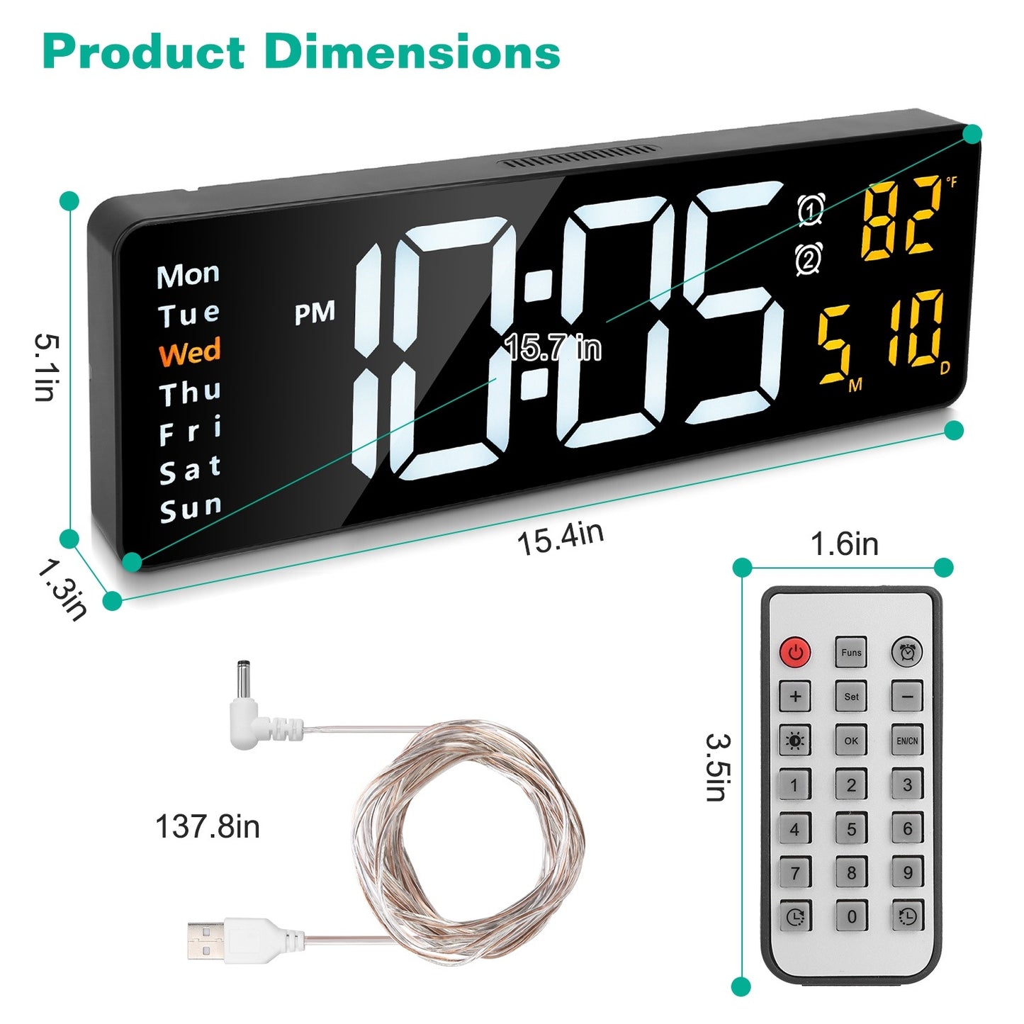 US Local 15.7in LED Digital Wall Clock With Remote Control 10 Level Brightness 3 Alarm Settings 12-24Hr Format Timing Countdown Temperature Calendar Display Decorative Clock For Office Home