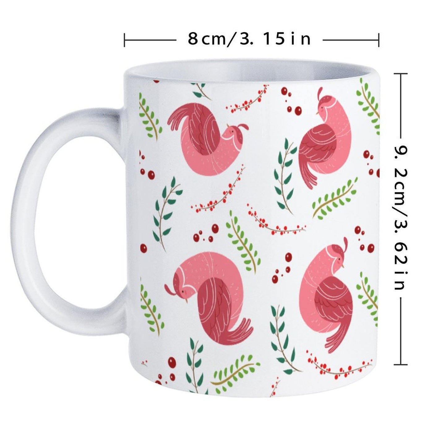 POD US Local White mug with full print, Christmas Bird Branches Pink 0068